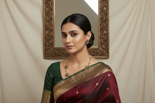 Woman wearing a traditional saree with a gold and green blouse against a beige background