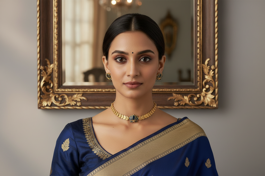 Woman wearing a blue saree with gold details and gold jewelry against a neutral background