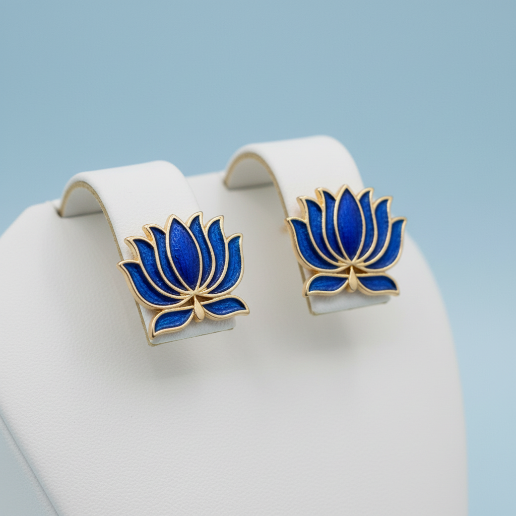 Handcrafted antique gold coin necklace with a blue enamel lotus pendant