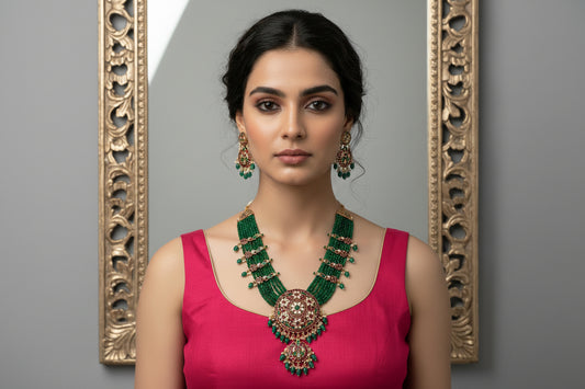 Woman wearing a green and gold necklace with a pink top on a gray background