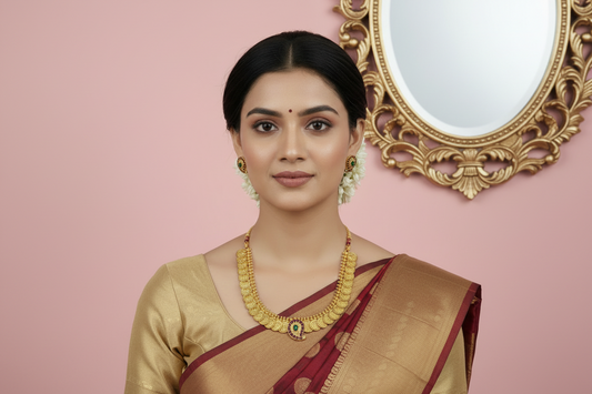 Woman wearing gold jewelry and a saree against a pink background