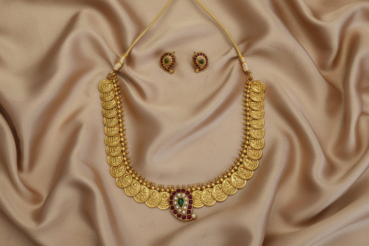 antique gold coin (Kasu Malai) necklace with a pink and green kemp stone pendant, finished with matching stud earrings