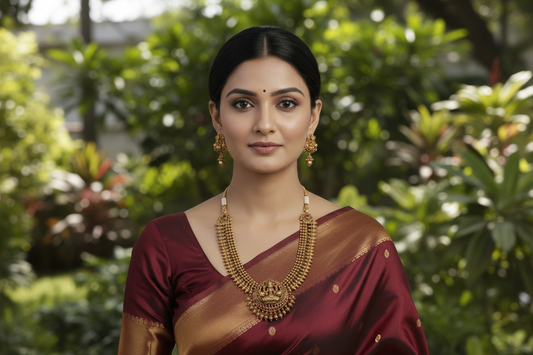 Woman wearing a maroon saree with gold jewelry on a plain background