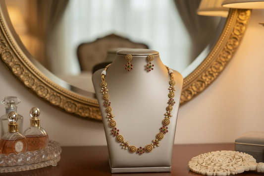 Gold necklace and earrings on a mannequin bust against a beige background
