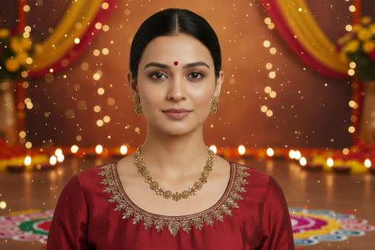 Woman wearing gold jewelry against a beige background