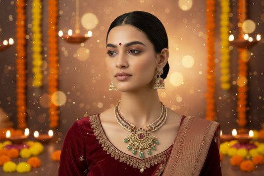 Woman wearing traditional jewelry with a plain background