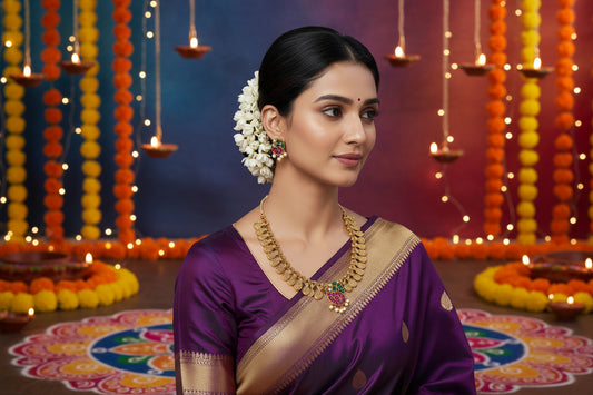 Woman in a purple saree with gold jewelry against a purple background