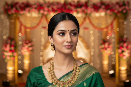 Woman wearing a green saree with gold jewelry on a beige background