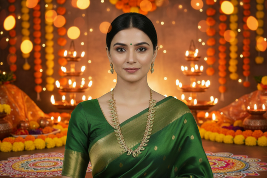 Woman wearing a green saree with gold border on a light green background