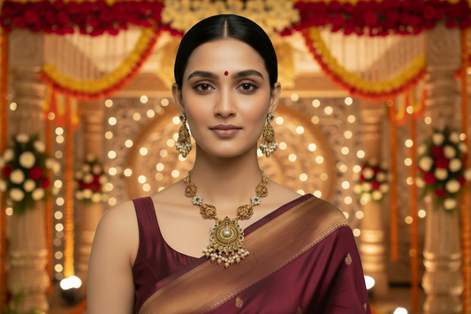 Woman wearing a maroon saree with gold jewelry on a green background