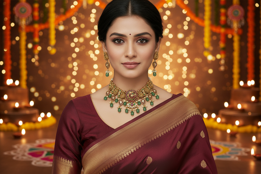 Woman wearing a maroon saree with gold border and green jewelry on a beige background