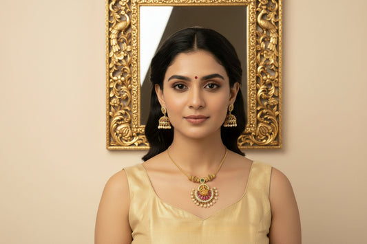 Gold necklace with pink gemstone and matching earrings on a white background