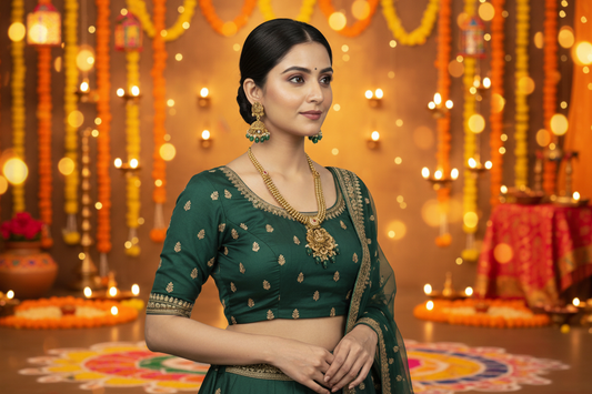 Woman wearing a green traditional outfit with gold details on a light green background