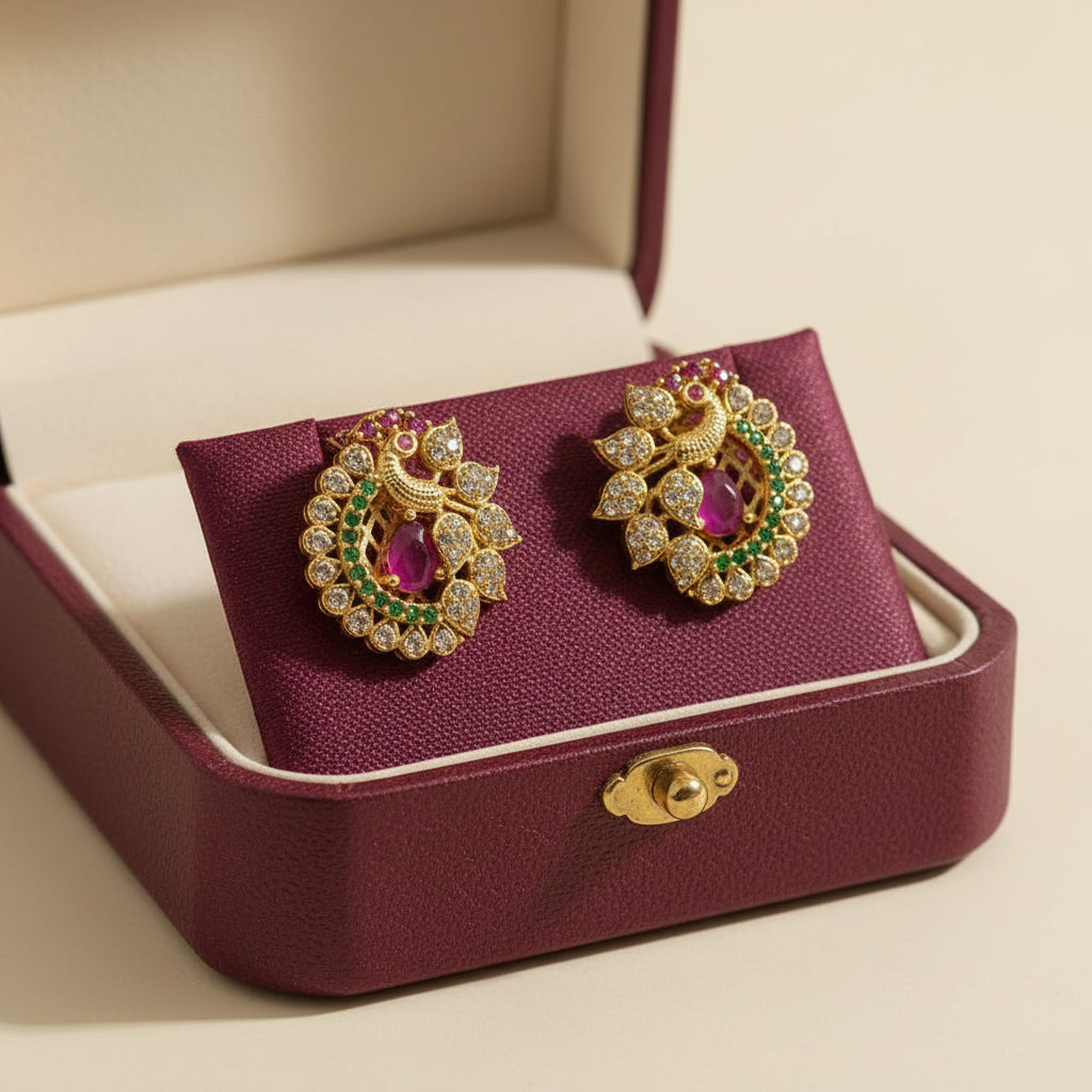 Make a statement at every celebration with this beautifully handcrafted peacock temple jewellery set.