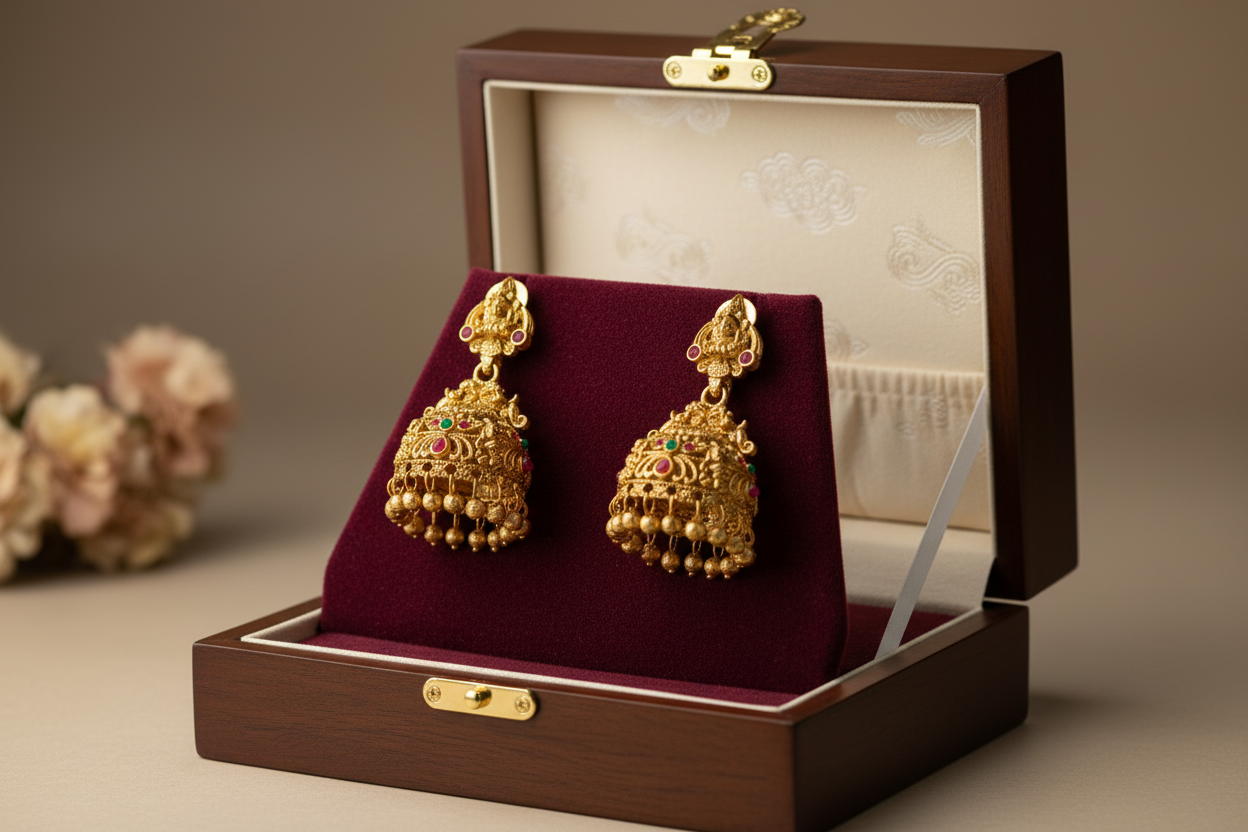 Step into timeless tradition with this exquisite temple jewelry set, embody the grandeur of South Indian artistry.