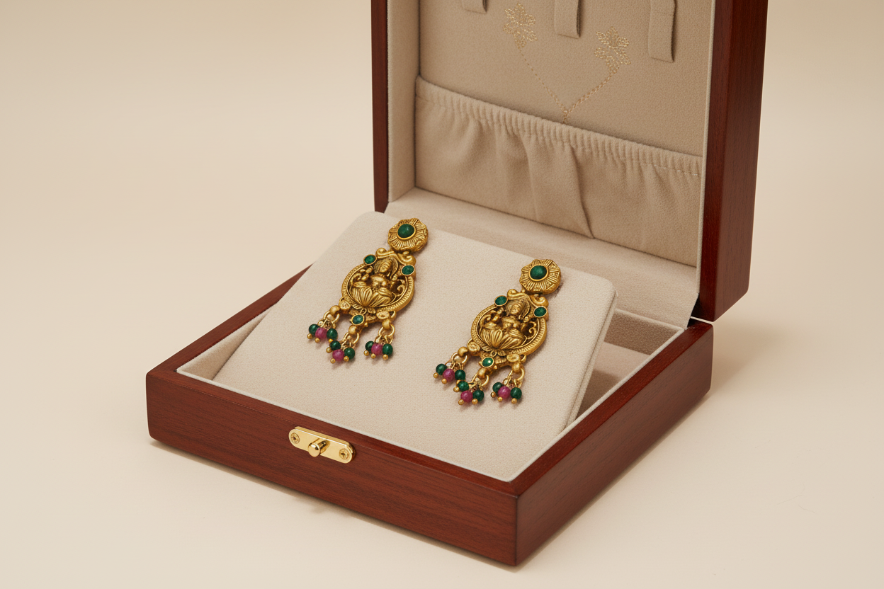 A goddess pendant flanked by elephants and peacocks, adorned with rubyand green gemstones and intricate deity motifs.