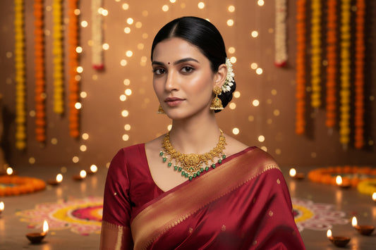 Woman wearing a red saree with gold jewelry against a beige background