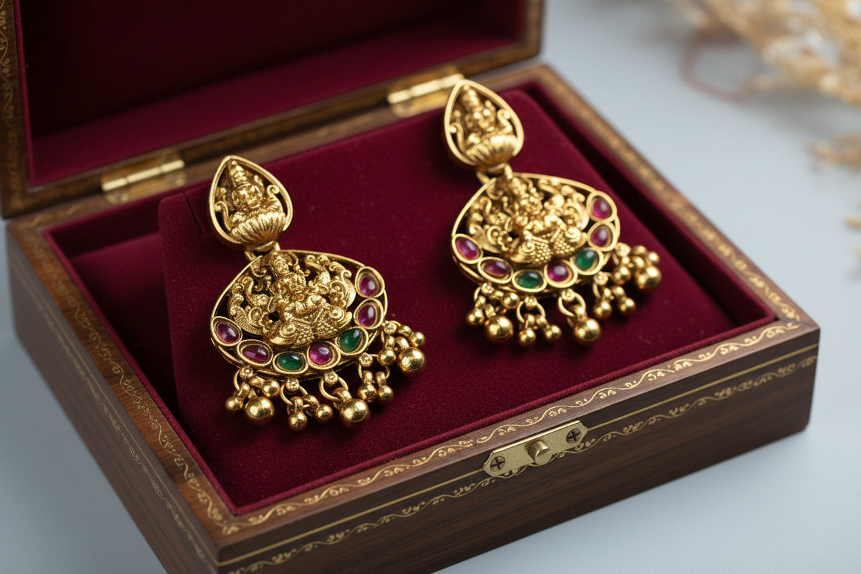 This exquisite handcrafted gold necklace set embodies the grandeur of South Indian temple jewelry.