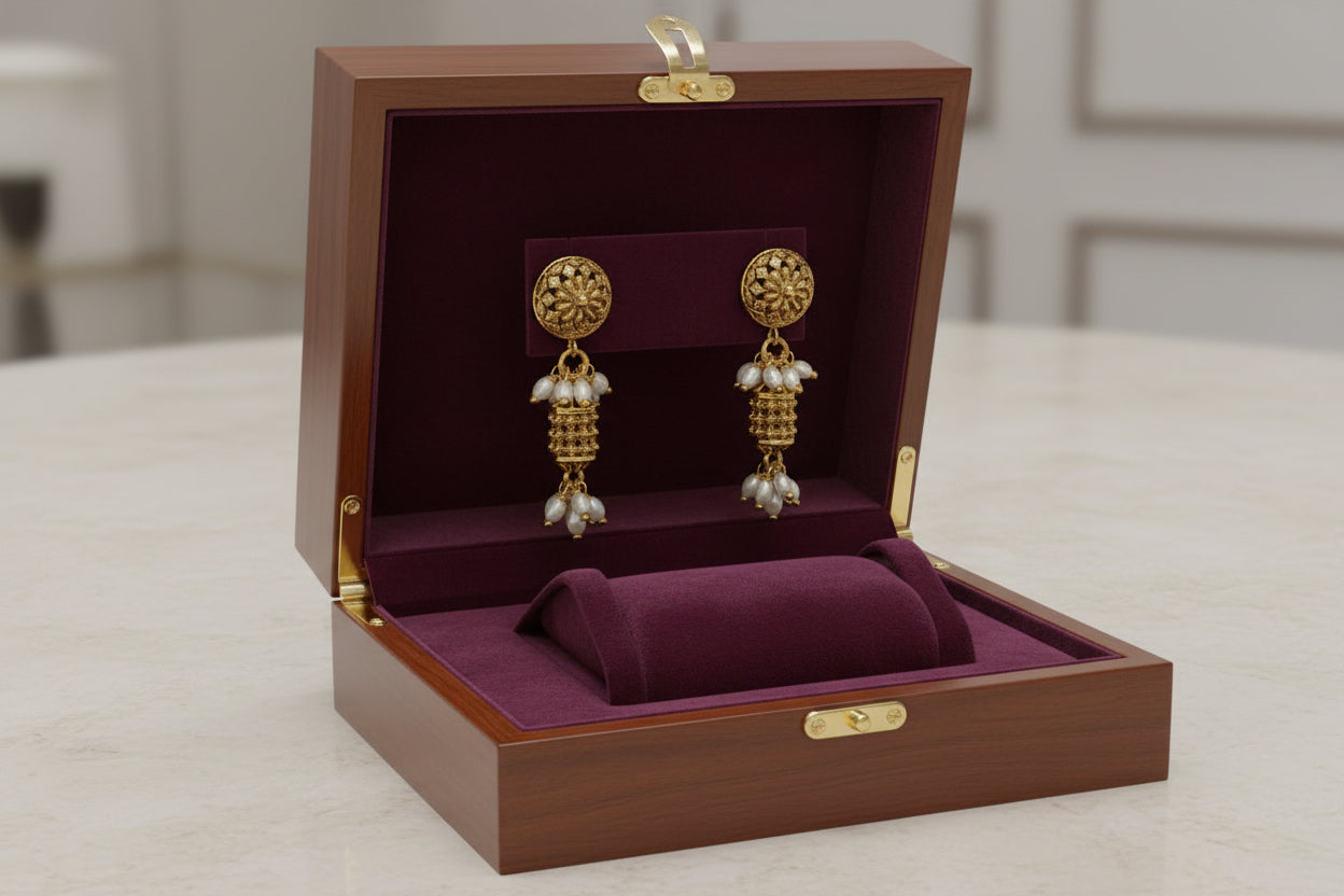 A refined gold bead set interwoven with white floral clusters, echoing the elegance of traditional garlands.