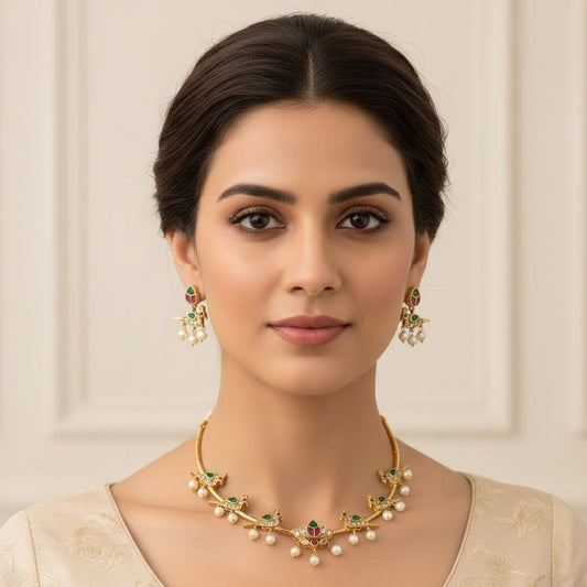 Woman wearing a green traditional outfit with gold embroidery and jewelry against a warm-toned background.