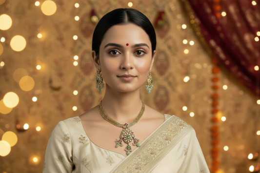 Woman wearing a gold necklace and earrings with a beige saree on a gray background