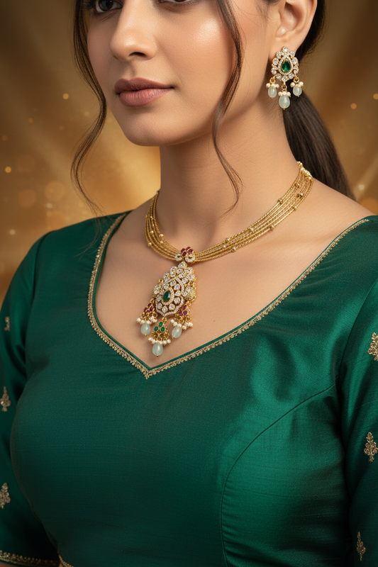 Elegant multi-strand pendant necklace set in antique gold finish, featuring a central motif with pink and green stones, white accents, and pearl hangings—evoking timeless South Indian bridal charm.