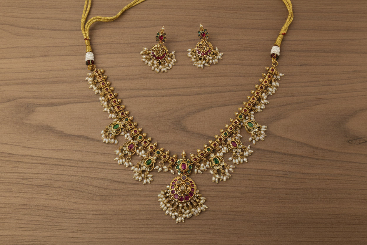 Handcrafted antique gold necklace with pearl fringe, ruby-emerald kundan accents & a statement pendant in premium brass.