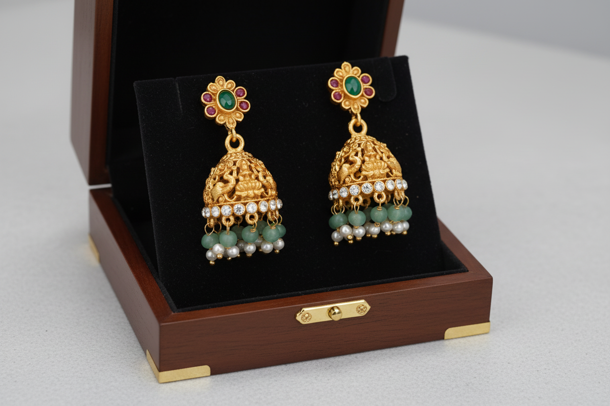 Celebrate tradition with this exquisite temple jewelry set, featuring a statement necklace and matching earrings.