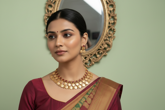 Woman wearing gold jewelry against a green background