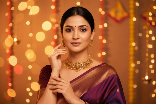 Woman wearing a purple saree with gold jewelry against a cream background
