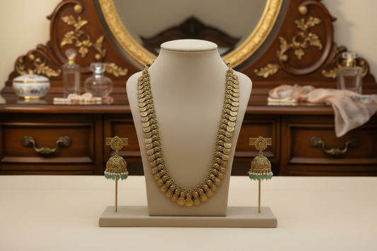 Gold necklace and earrings set on a mannequin bust with a beige background