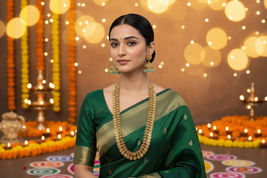 Woman wearing a green saree with gold jewelry against a beige background