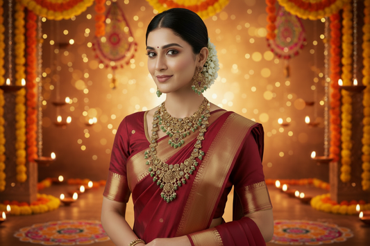 Woman in a maroon saree with gold border and jewelry on a beige background