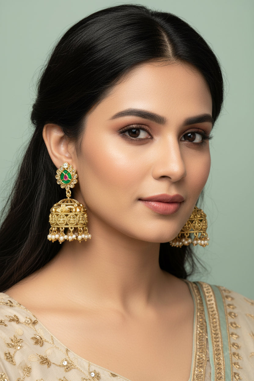 Handcrafted antique gold mango motif (Manga Malai) necklace with a Lakshmi pendant, kemp stone accents, and jhumka earrings