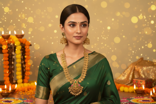 Woman wearing a green saree with gold jewelry on a light green background