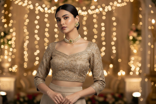 Woman wearing a beige embroidered blouse with a gray background