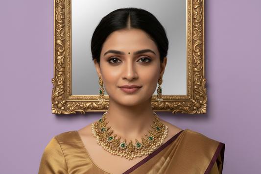 Ornate necklace and earrings set with green gemstones on a white background