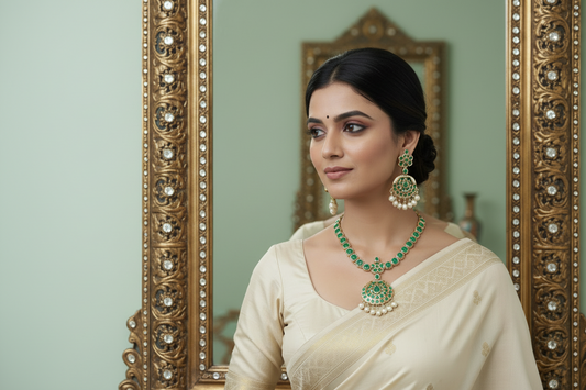 Woman wearing a cream saree with green jewelry against a light green background