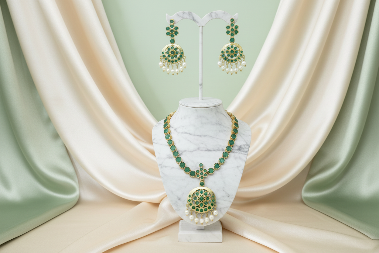Jewelry set with necklace and earrings on a gold stand against a light green background