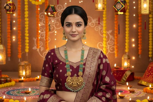 Woman wearing traditional maroon saree with gold and green jewelry against a light green background
