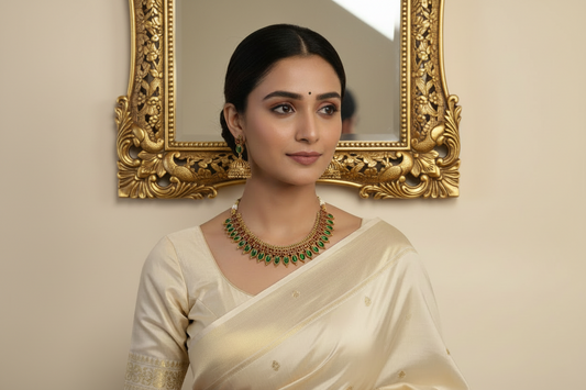 Woman wearing a white saree with gold border and green jewelry on a beige background