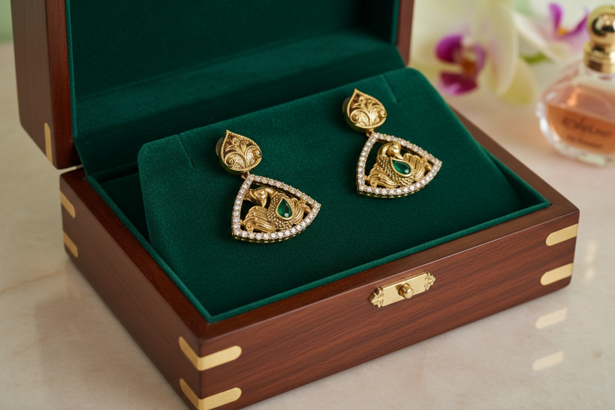 antique gold necklace with triangular peacock motif panels and emerald green stone accents, with triangular drop earrings