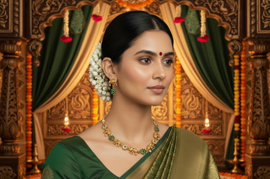 Woman wearing gold jewelry and a green saree against a gray background