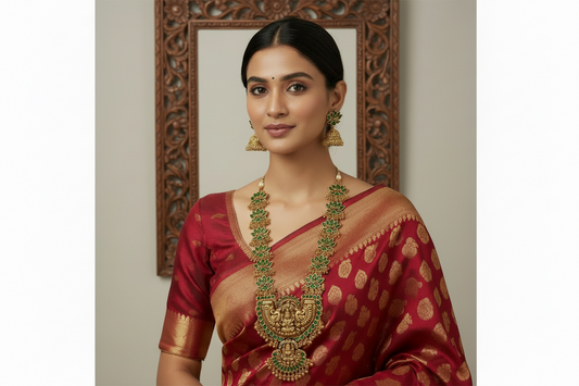Woman wearing a traditional maroon saree with gold and green jewelry on a neutral background