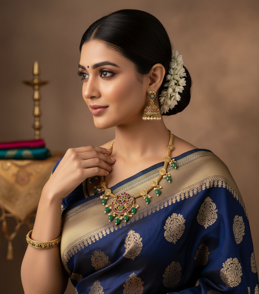 Woman wearing a blue saree with gold patterns and jewelry against a warm-toned background