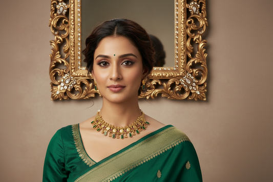 Woman wearing a green saree with gold jewelry on a light brown background