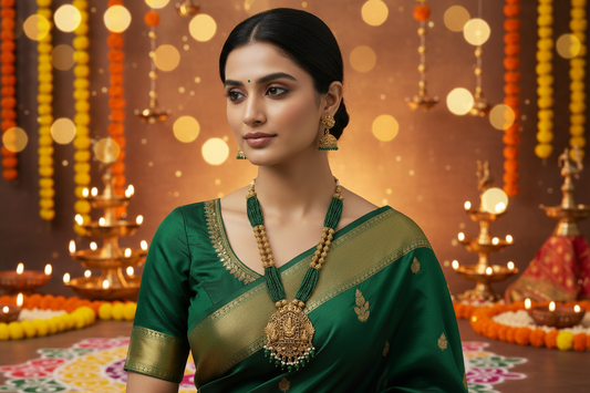 Woman wearing a green saree with gold jewelry on a light green background