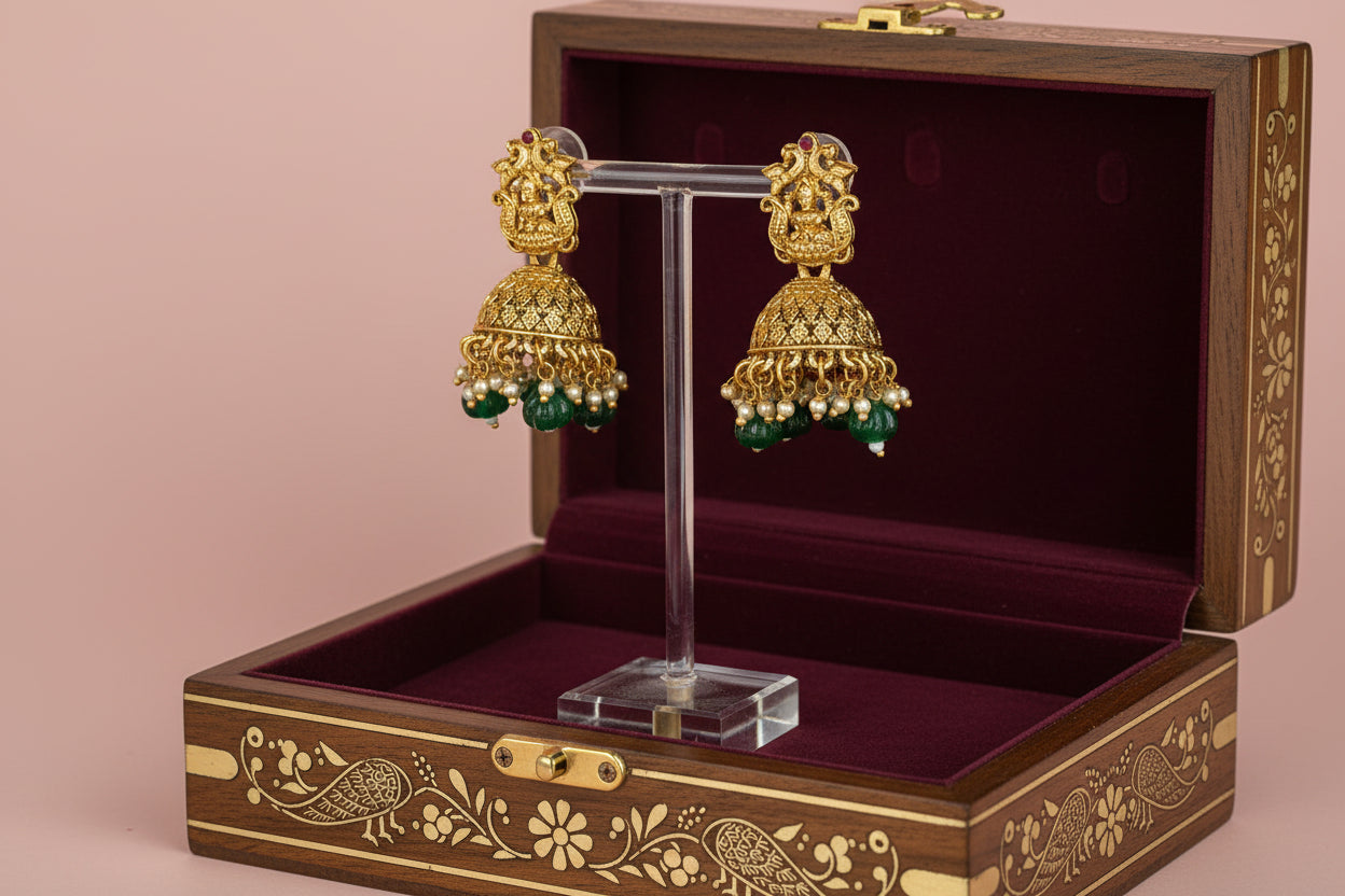 Gold and green earrings on a stand with a pink background