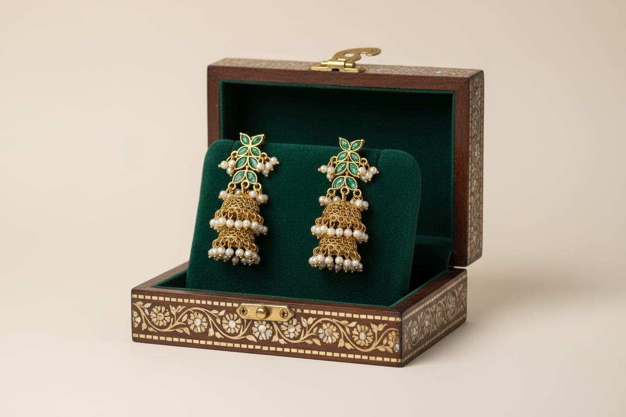 Necklace featuring a central circular medallion with a green gemstone, framed by ruby accents and intricate gold filigree.