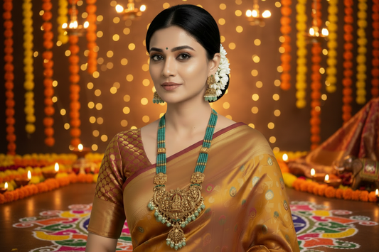 Woman wearing green bead south indian long necklace in a traditional saree with a light green background